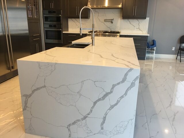quartz porcelain granite kitchen counter waterfall