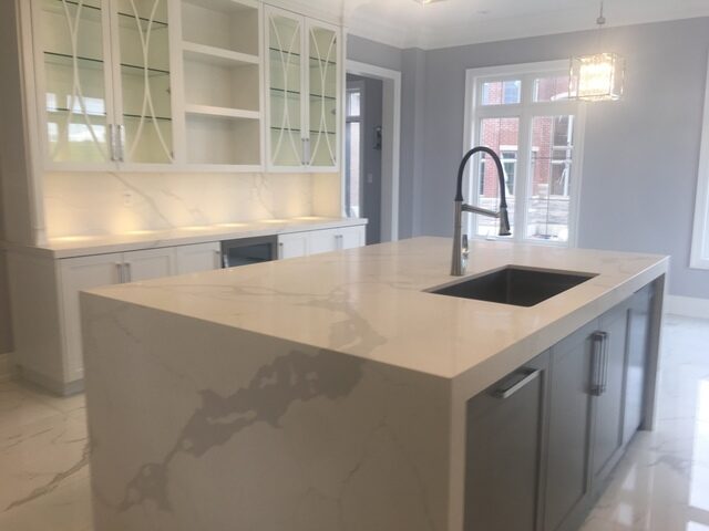 quartz porcelain granite kitchen counter waterfall